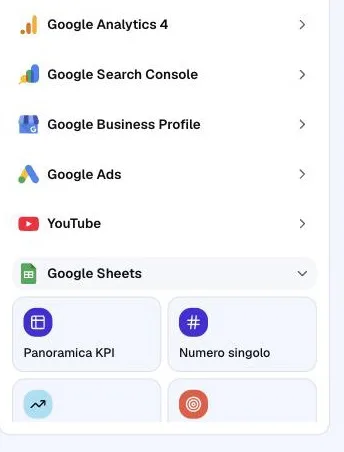 Il pannello Aggiungi del builder: l'elenco delle sorgenti con Google Sheets aperto e i blocchi generati dalle colonne del foglio.